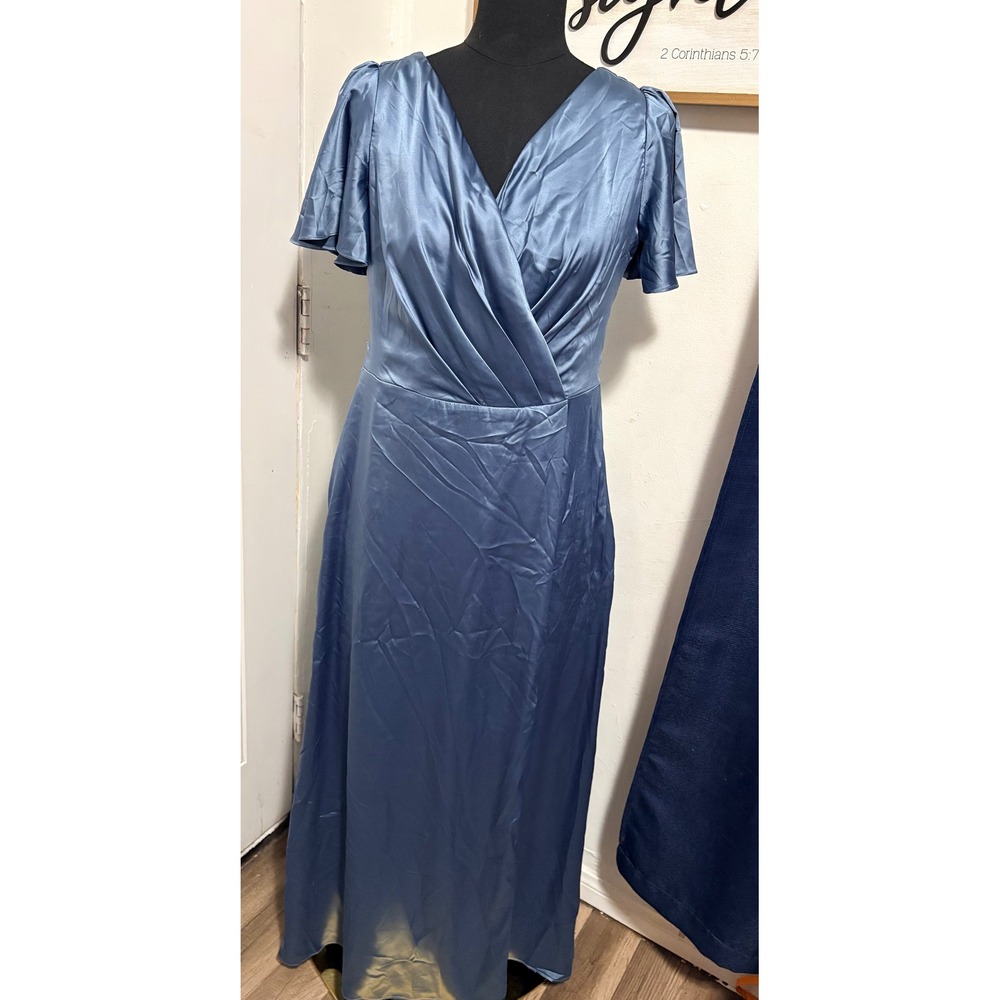 DB Studio Celebrate Blue Satin Cowl Back Flutter Sleeve Maxi Dress 14